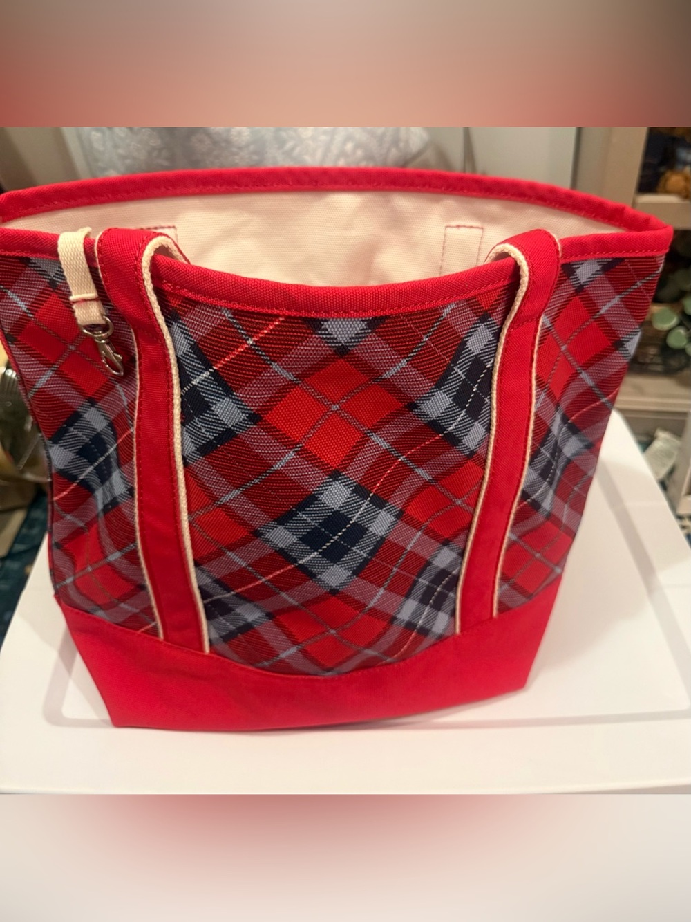 Red Plaid Canvas Tote Bag with red Trim
